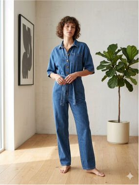 Banny Jeans Vintage 80s Denim Jumpsuit Boiler Suit Short Sleeve Belted Blue L